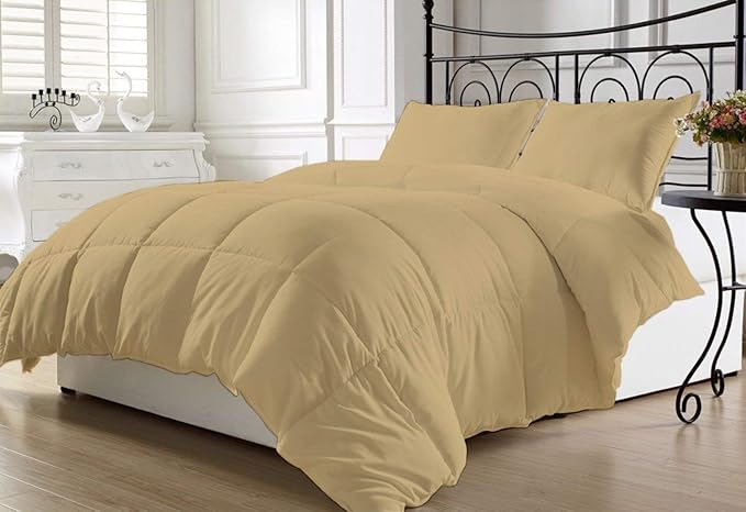 Luxurious and Hypoallergenic 600 Thread Count 1 Piece Down Alternative Comforter 100% Egyptian Cotton Solid (Full/Queen, Beige)