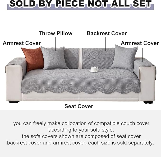 vctops Boho Cotton Quilted Couch Cover Soft Embroidered Sofa Cover Non-Slip Dog Bed Cover Scalloped Sofa Slipcover Washable Furniture Protector Cover (Light Grey,28"x82")