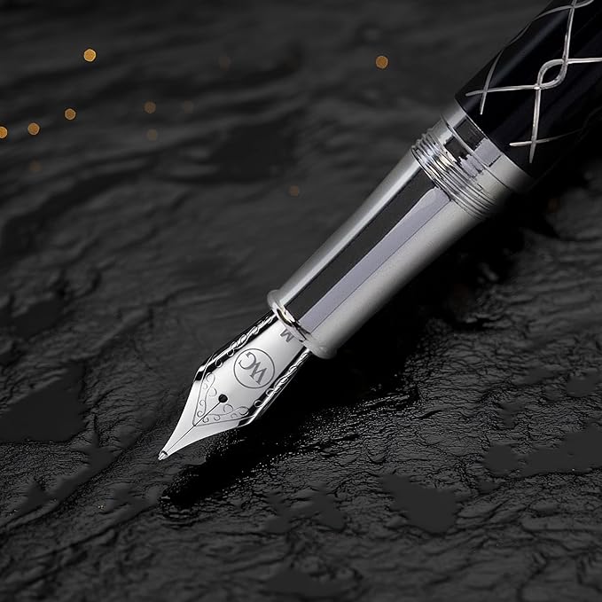 ‘The Weaver’ Black Luxury Executive Fountain Pen, Polished Lacquer and Chrome, Stainless Steel Nib, Easy Refill Ink Piston Converter, Smudge Free, No Bleed, Fits Our Instant Insert Ink Cartridges