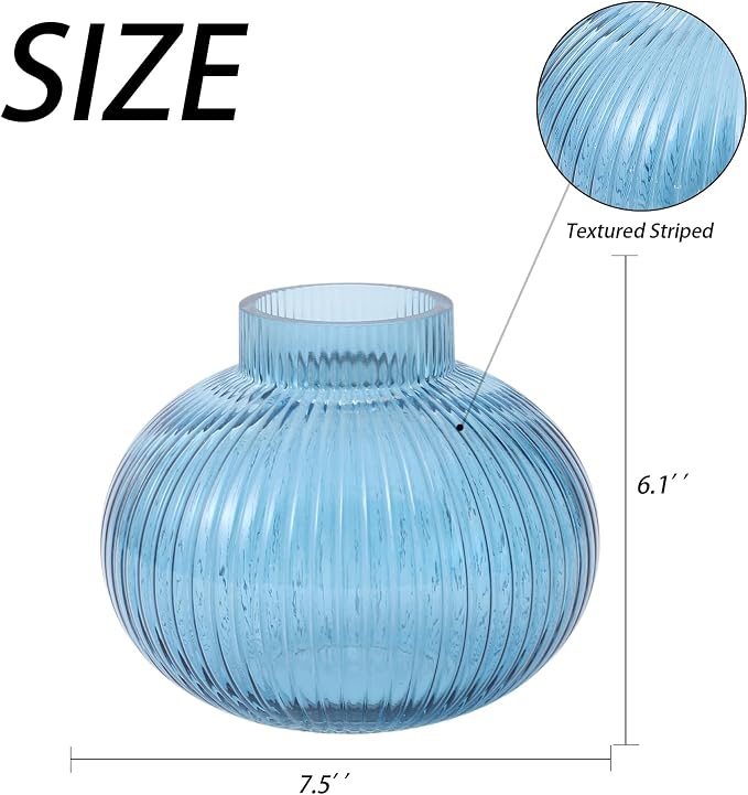 Blue Glass Vase for Tulips, Ribbed Glass Vase for Flowers, Round Flower Vases, Small Short Vases for Living Room, Office, Coffee Table, Shelf, Wedding, 6 Inches