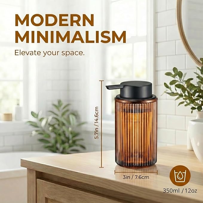 Amber Glass Foaming Hand Soap Dispenser with Matte Black Pump Thick Striped Bottle Refillable for Bathroom and Kitchen Decor 12 fl oz
