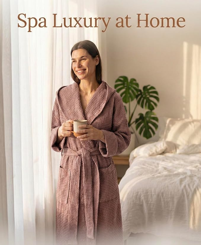 Magic Linen - Unisex Waffle Bathrobe, Hooded Linen-cotton Blend Bath Robe, Lightweight Robe for Women and Men