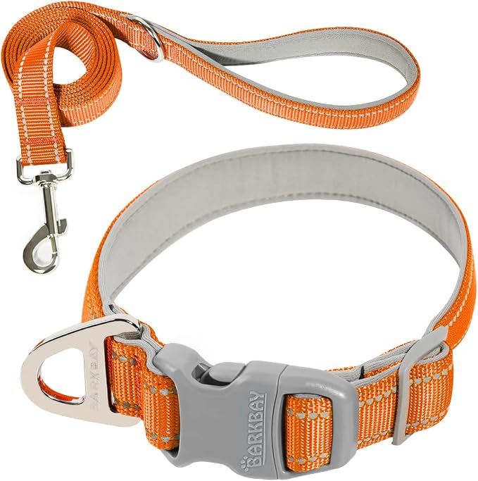 Dog Collar for Medium Small Large Dogs Reflective with Leash,Collar and Leash for Dogs,Soft Neoprene Padded 2 Pack(Orange,M)