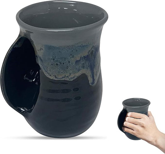 Clay in Motion Hand Warmer Coffee Mug – Handmade Coffee Mug With Comfortable Handle Contoured Pocket Hand Warming Ceramic Coffee Mug – Proudly Made in USA – Left Handed – 14 Oz - Stormy Night