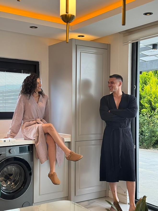 Muslin Unisex Bathrobe Women & Men, 100% Cotton Kimono Lightweight Robe | Long Robes Soft, Absorbent, Spa robes