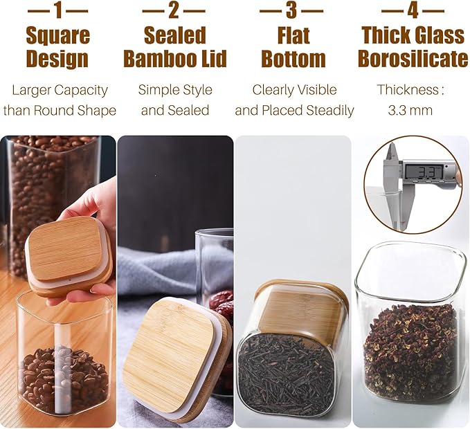 Glass Food Storage Jars with Airtight Lids, Clear Glass Jar with Bamboo Lid, Airtight Food Canister for Tea, Candy, Coffee, Sugar, Cookie, Snack. (Square | 5+6 Inch | 38+20 oz)