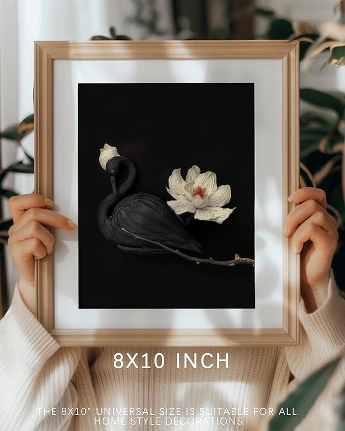 Vintage Black Swan Wall Art, Elegant Farmhouse Moody Dark Flower Academia Swan Print, Classic Neutral Animal Artwork Canvas Wall Decor for Bedroom, Living Room, Bathroom, Lake House - 8x10Inch Unframe