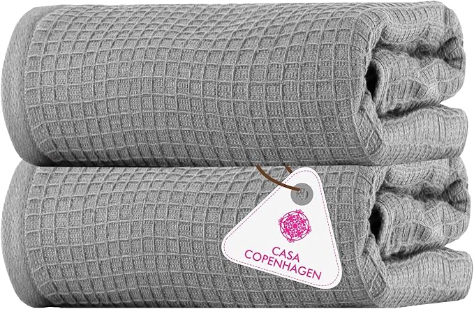 CASA COPENHAGEN Waffle 2Pcs 100% Egyptian Cotton Large Designer Bathsheet Towels Gift Set- Grey Violet, 35"x70" 2Bath Sheet Towels for Bathroom (Box Pack, Set for Women & Men)
