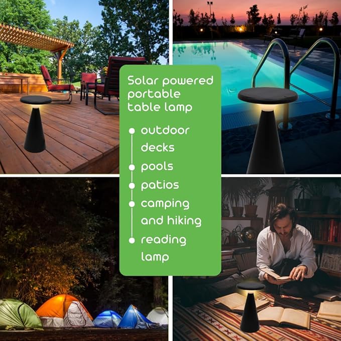Portable Solar Powered Mushroom LED Table Lamp - Indoor/Outdoor Use - Stepless Dimming - Up to 45 Hour Rechargeable Battery - 1.6W, 160 lumens, 2700K - IP44 Weather Resistant - Black