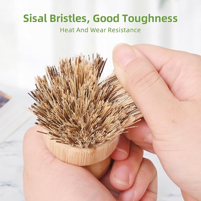 6 Packs Bamboo Dish Scrubber - Hard Bristle, Plastic Free Dish Brush Union Fiber and Tampico Fiber Bamboo Wok Brush for Washing Cast Iron Pan/Pot