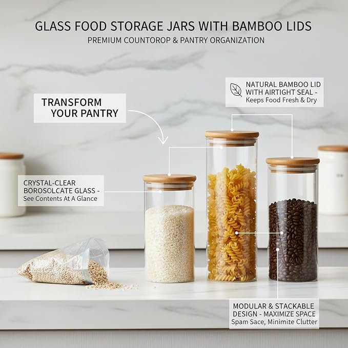 Borosilicate Glass Storage Jars with Bamboo Lids, Clear Kitchen Canisters for Pantry Organization of Dry Goods, Coffee, Tea, and Grains