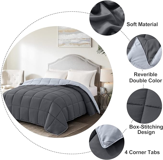 Homelike Moment Twin Comforter Duvet Insert- Grey Down Alternative Bed Comforter Twin Size, Lightweight Bedding Comforters Quilted Soft All Season Reversible Dark Gray/Light Grey