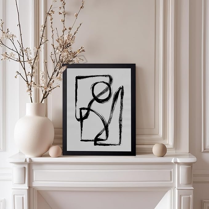 Monem Art Black and White Abstract Line Art Print - Minimalist Monochrome Brushstroke Art Poster - Wall Decor for Living Room, Bedroom or Office - 8x10 Black Framed Wall Art by Mareike Bohmer