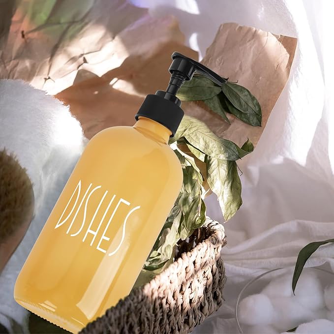 Glass Soap Dispenser with Plastic Pump for Kitchen - 16 OZ Glass Hand Soap Dispenser Set - Kitchen Bathroom Decor and Accessories (Yellow)