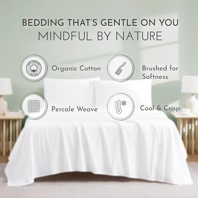 Linen Closet 100% Organic Cotton Queen Sheets Set - 4 Pieces Percale Weave Cooling Bed Sheets for Hot Sleepers - 16" Deep Pocket Fitted Sheet - Crisp, Breathable & Brushed for Softness - Arctic White