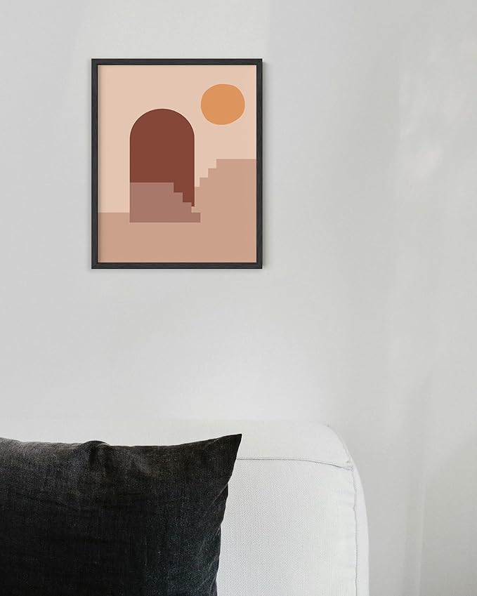 Abstract Architecture Wall Art Archway Stairs Sun Geometric Shapes Earth Tones Terracotta Mid Century Modern 8x10 Inch Oak Wood Black Framed Minimalist Boho Office Decor