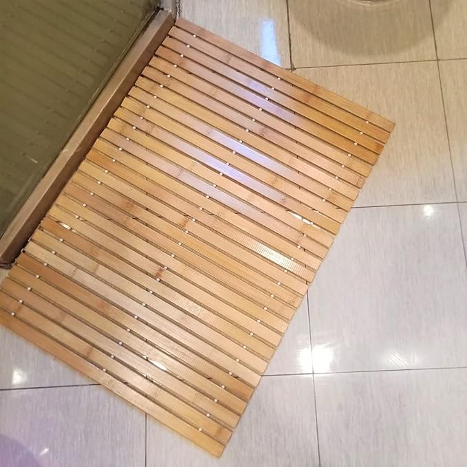 HJJKKH Bath Mat, Wooden Bathroom Mat Rayon Derived from Bamboo 27.6"x19.7", Rollable Non-Slip Floor Mat, Wooden Shower Mat for Bathroom, Bathtub, Spa, Sauna, Hot Tub & Outdoor Use