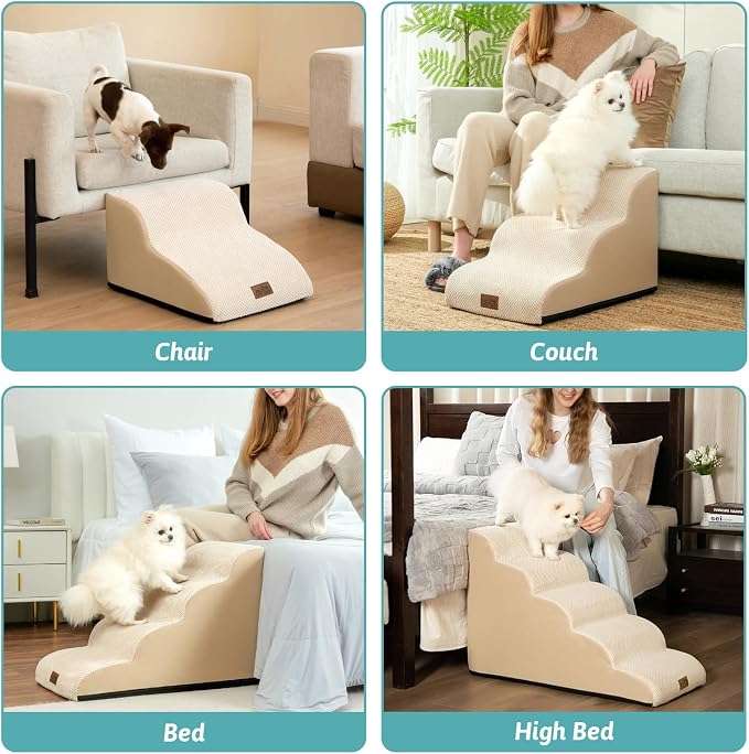 COZY KISS Dog Stairs for Small Dog 22.6" H, Curved Pet Step for Puppy, Older Cat, Medium Pet Ramp for High Bed, Ladder with High Density Foam, Durable, 5 Step, 15.7x33x22.6 inch, Beige