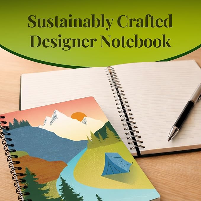 Small Spiral Bound Recycled Notebook, Camping Design, 9.75" x 7.5", 70 Sheets, Double-Wire, College Ruled, Vegan, Made in USA