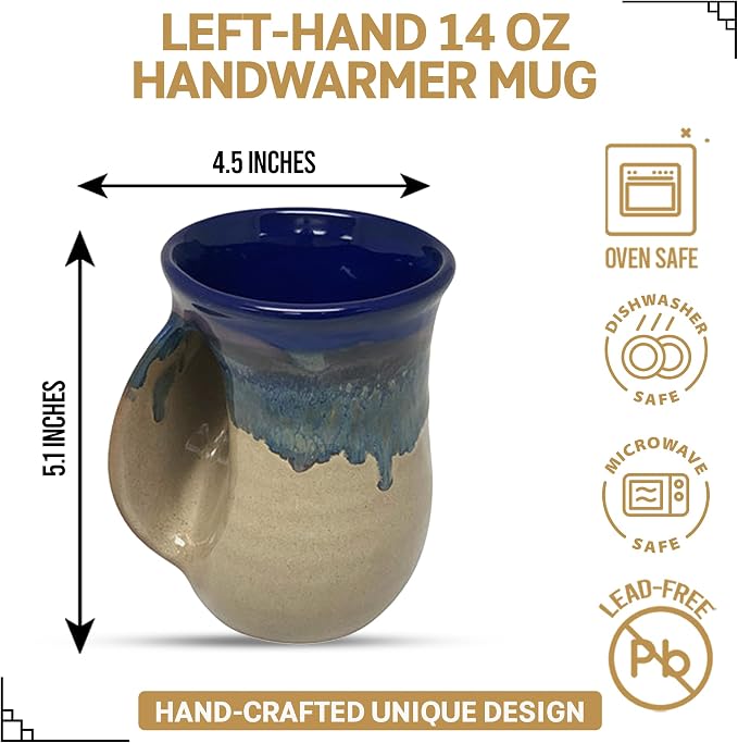 Clay in Motion Hand Warmer Coffee Mug – Handmade Coffee Mug With Comfortable Handle Contoured Pocket Hand Warming Ceramic Coffee Mug – Proudly Made in USA – Left Handed – 14 Oz - Cobalt Canyon