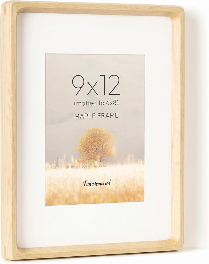 Fun Memories 9x12 Picture Frame, USA-Sourced Maple Wood Photo Frames with HD Tempered Glass, Handcrafted Rounded Corner 9 x 12 Wooden Frames Matted to 6x8 Photos, 9x12 Frame, Tabletop or Wall Display