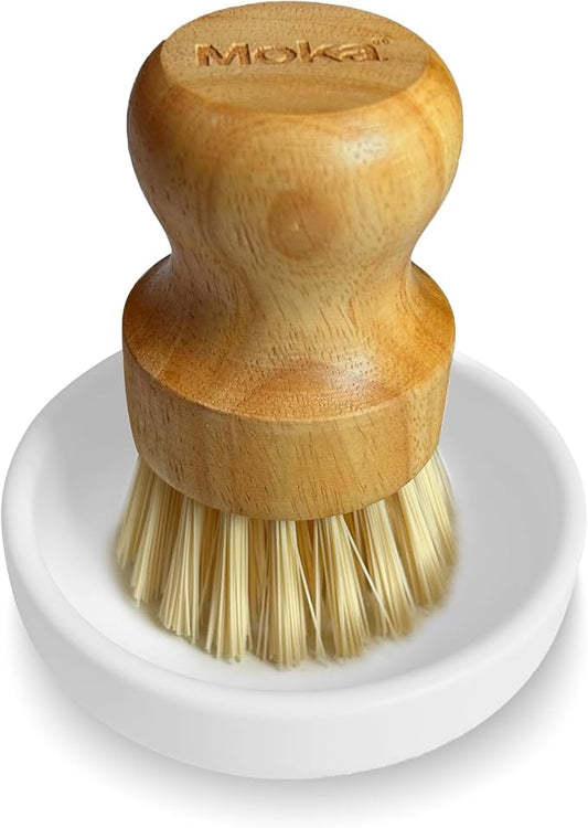 Moka Bamboo Dish Brush - Eco Friendly Scrub Brush with Natural Bristle - Premium Bamboo Dish Scrubber for Kitchen Cleaning, Dishes, Pots, and Pans - Sustainable and Durable (Brush)