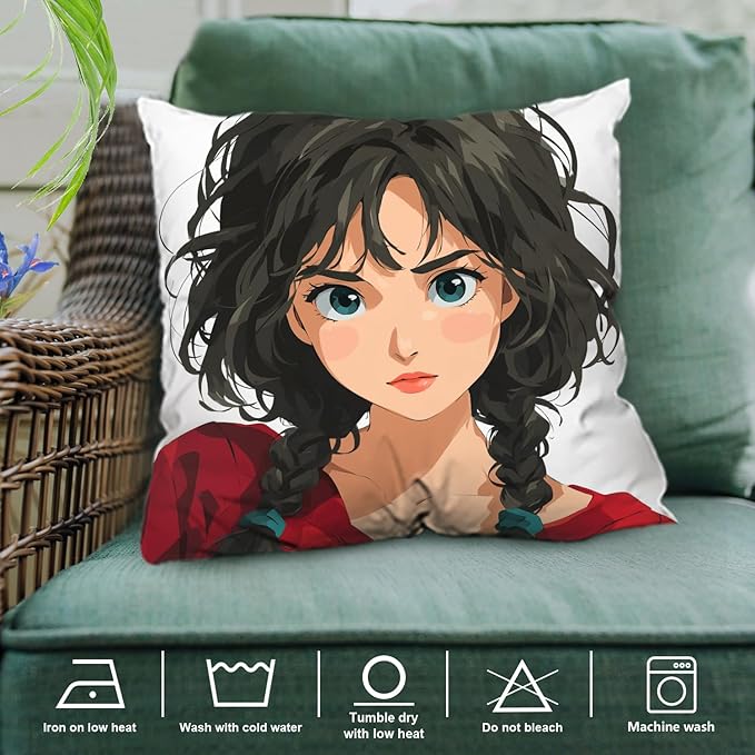 Shrahala Animated Youthful Decorative Throw Pillow Cover, Braided Hair Vivid Eyes Square Pillowcase Blended Double-Sided No Inserts for Bedroom Living Room Set of 2 (20 x 20 in)
