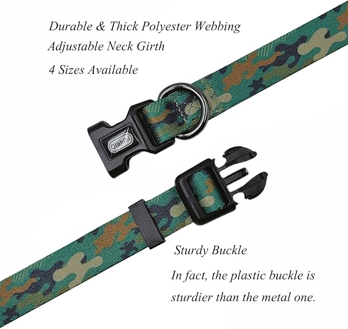 Dog Collar Leash Set, Camouflage Pattern, Polyester Material, Adjustable Collar and 5ft Matching Leash, for Medium Dogs.(M, Green Camo)