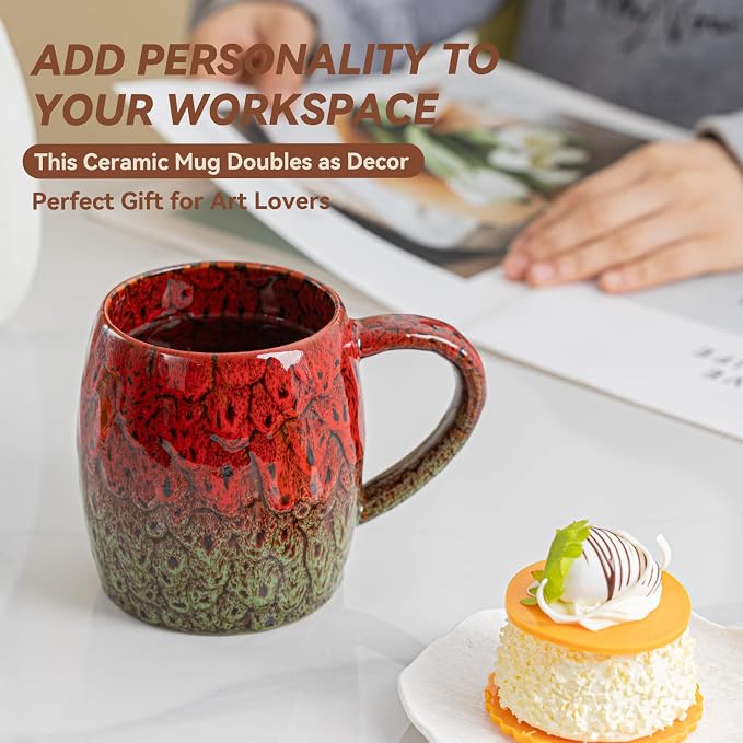 Handmade 22oz Ceramic Coffee Mug, Ergonomic Large Handle, Ideal Gift for Coffee Lovers, Microwave & Dishwasher Safe (Bas-Relief - Red&Green)