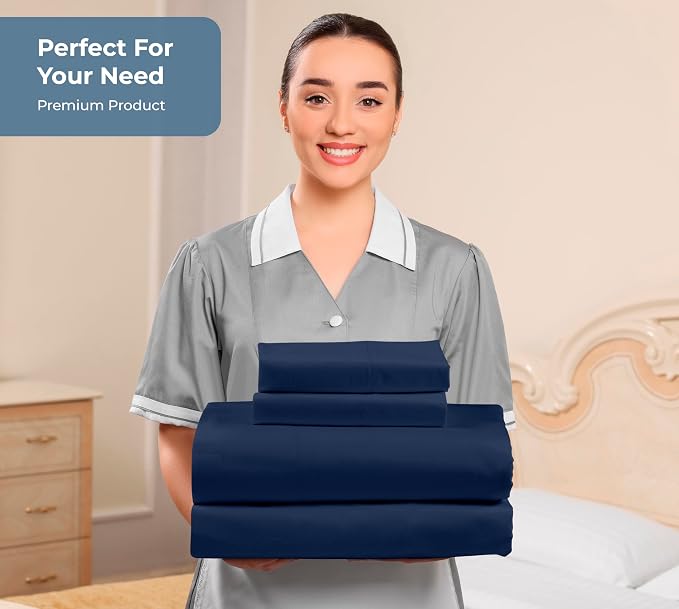 ROYALE LINENS 100% Organic Cotton Queen Sheet Set - Percale Weave - 4 Pieces Set - 1 Flat, 1 Deep Pocket Fitted Sheet and 2 Pillowcases - Navy Bed Sheets - Sábanas Queen - Crisp Cool (Navy)