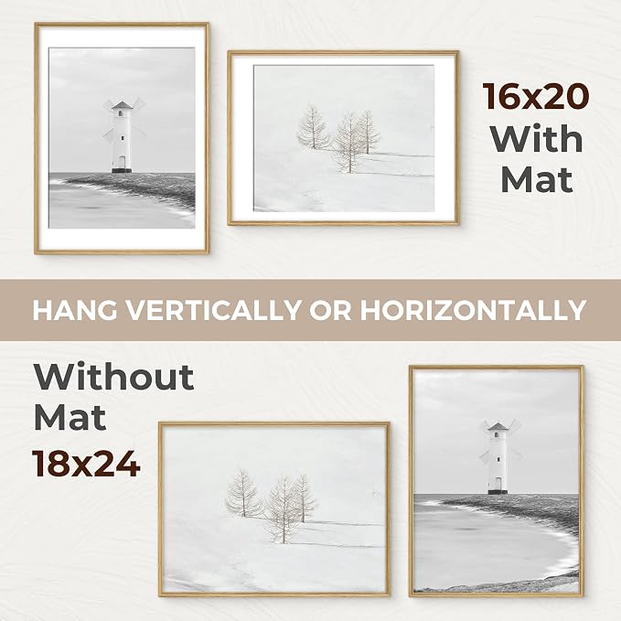 18x24 Picture Frame with Mat for 16x20, USA-Sourced Oak Wood Handcrafted Rounded Corner with HD Tempered Glass, 18 x 24 Gallery Wall Frames for Posters & Art Prints, Vertically or Horizontally