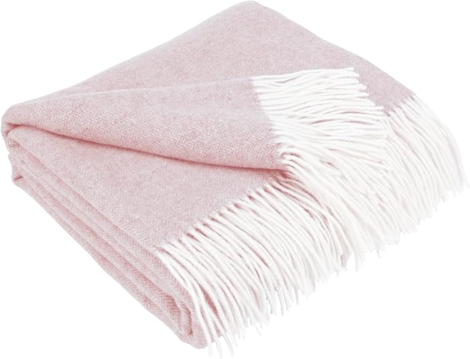 LYHome Cashmere Blanket with Merino - Luxury Wool Throw Soft Cozy and Warm, Decorative Throws Couch Bed Sofa, Warmest Blankets for Travel Camping & Cold Weather (55x79 | Pink with White Herringbone)