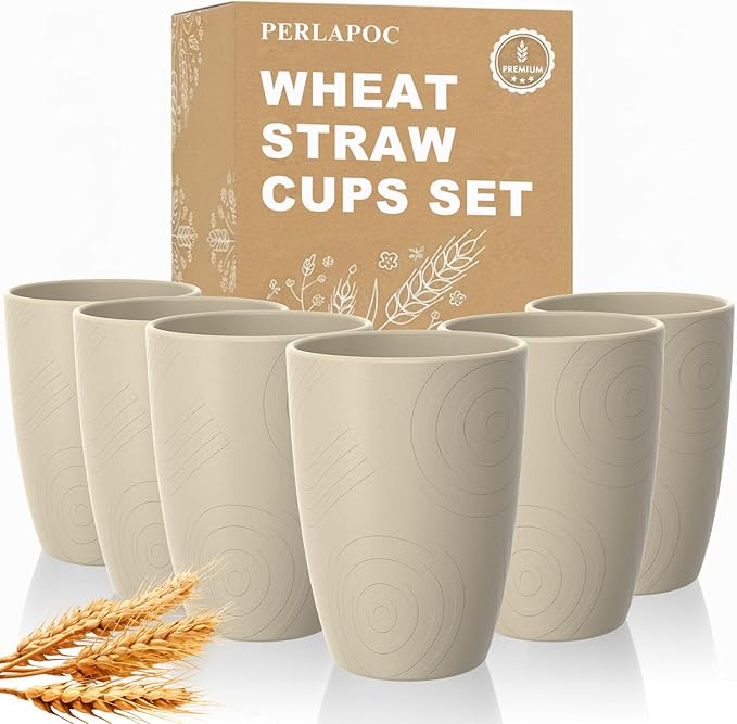 Unbreakable Wheat Straw Cups, Alternative to Plastic Cups Set 6 PCS, 16 OZ Drinking Cups Reusable, Dishwasher Safe Tumblers & Water Glasses for Kitchen RV Party Outdoor, Beige