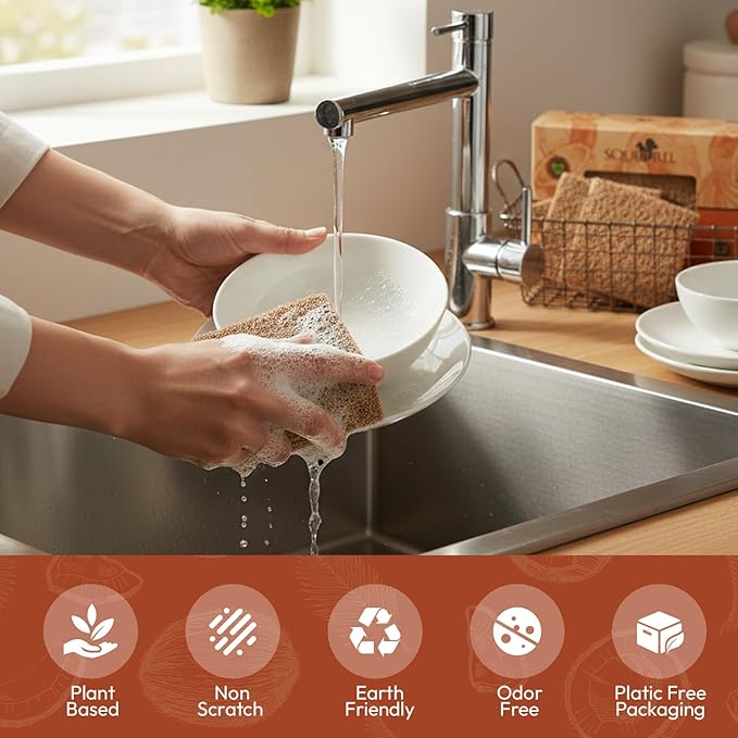 SQUIRREL Natural Coconut Coir Fiber Kitchen Scrubbers 12 Pack Biodegradable Non Scratch Dish Sponges for Eco Friendly Household Cleaning and Zero Waste Living