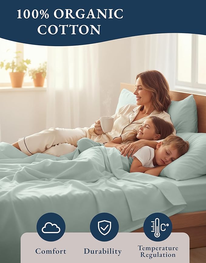 LANE LINEN 100% Organic Cotton Full Sheets Set, Soft & Comfy Percale Weave Fully Elasticized Reinforced Seams Sustainably Produced Oeko Tex Certified Deep Pocket Cotton Full Size Sheet - Cool Blue