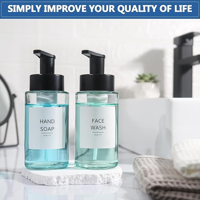RYTOXILO Foaming Soap Dispenser, 10 oz/300ml Foaming Hand Soap Dispenser, 2 Pack Glass Foaming Soap Dispenser for Bathroom Kitchen, Clear Refillable Foam Soap Dispenser Bottle with Waterproof Labels