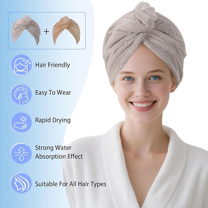 Microfiber Hair Drying Towel Wrap for Women, Hair Turbans Towel for Wet Hair,turbie Twist Hair Towels(The Color of the Picture is for Reference only) (Gray,Brown)