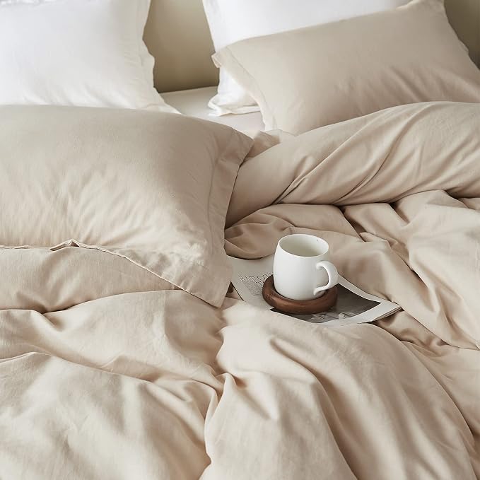 Simple&Opulence French Linen Duvet Cover Set 68" x 86"- 2 Pieces (1 Comforter Cover,1 Pillowcase)- Natural Flax Cotton Blend-Solid Color Breathable Farmhouse Bedding-Linen/Beige, Twin