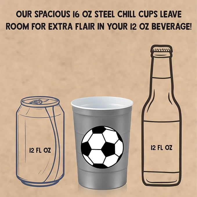 Steel Chill Cups 16 oz. Party Cup Soccer Design for Cold Drinks, Durable, Disposable, Recyclable, Made in USA, Gray, 12 Count