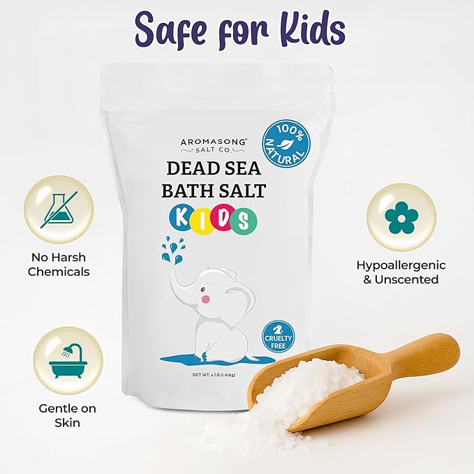 Aromasong Dead Sea Salt for Kids Bath Soak, 4 Lbs. Fine Grain Large Bulk resealable Pack, 100% Pure & Natural.