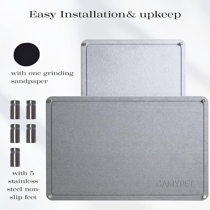 Stone Dish Drying Mat 24"×16" Large Diatomaceous Earth Dishes Quick Dry Pad for Kitchen Counter with Heighten Stainless Steel Feet, Fits Various Countertops & Drain Bowl Racks, Light Gray