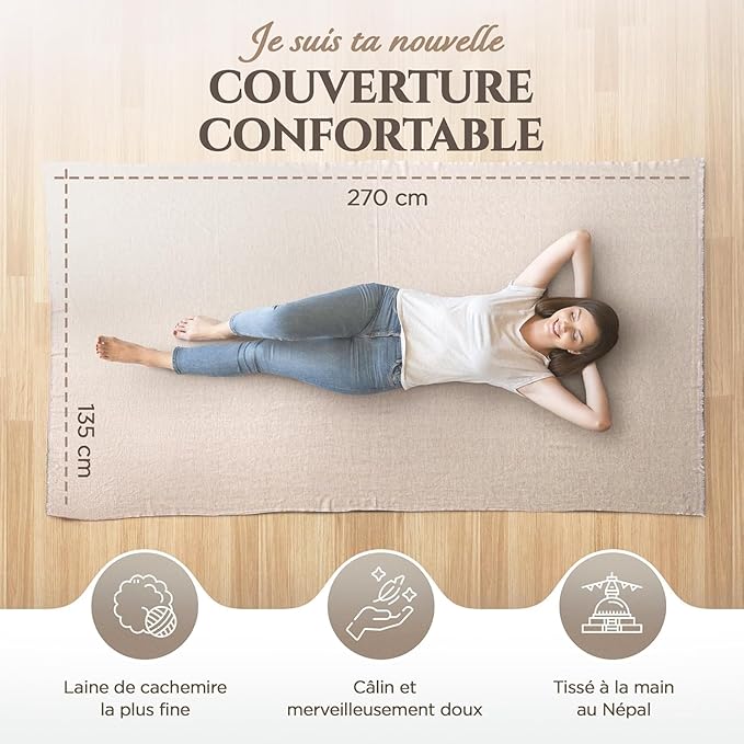 Cashmere Blanket – Hand Woven 100% Pure Wool Throw Blanket, 135 x 270 cm – Fine Herringbone Pattern Cozy, and Soft Blanket for Bed, Sofa, or Couch - Made in Nepal