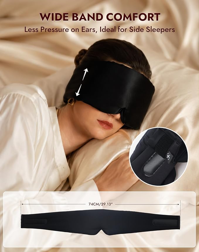 SilkSilky Silk Sleep Mask for Side Sleepers - 22 Momme 100% Mulberry Silk, Wide Face-Hugging 3D Eye Mask for Total Blackout, Zero Pressure & Adjustable Band for Women Men (Black)