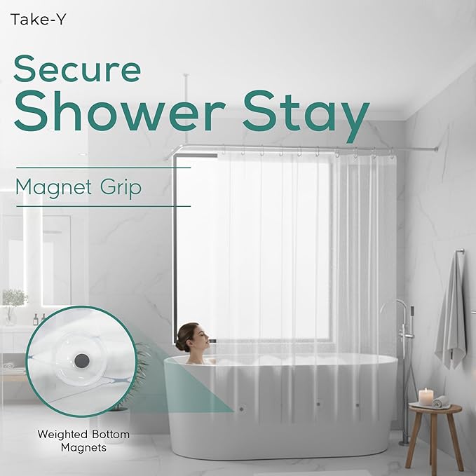 Clear Shower Curtain Liner, Premium PEVA, 72"x72", 100% Waterproof with Rustproof Grommets, Weighted, Quick Dry, Modern Style, 12 Hooks Included, Lightweight Standard Size,Odorless Plastic, Luxury