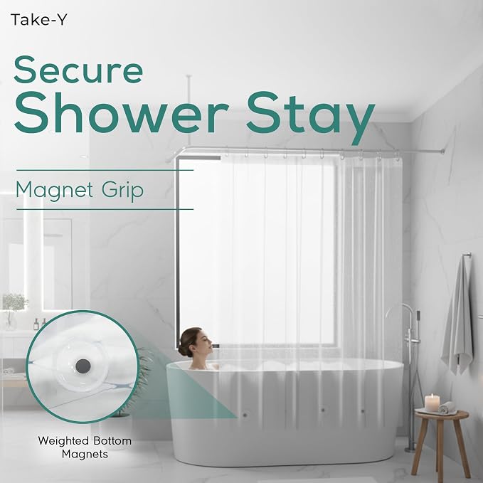Clear Shower Curtain Liner, Premium PEVA, 72"x72", Waterproof with Rustproof Grommets, Weighted, Quick Dry, Modern Style, 12 Hooks Included, Lightweight Standard Size,Odorless Plastic