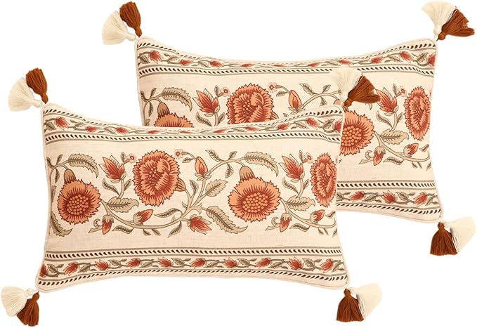 ISAENNE Design Linen Rectangle Vintage Throw Pillow Covers 12"x20" Pack of 2, Brick Red Cushion Covers with Orange Floral Green Leaves Pattern Decor Pillowcases for Bed,Living Room,Outdoor,Car