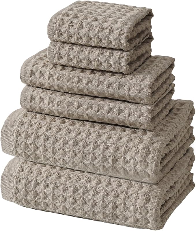 SK Studio 6 Piece Cotton Waffle Bath Towel Set - Absorbent Quick Dry with 2 Bath Towels, 2 Hand Towels, 2 Washcloths for Spa - Khaki