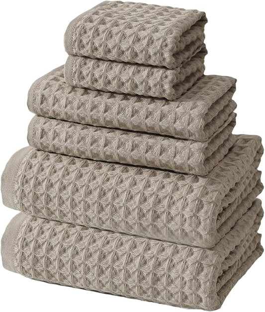 SK Studio 6 Piece Cotton Waffle Bath Towel Set - Absorbent Quick Dry with 2 Bath Towels, 2 Hand Towels, 2 Washcloths for Spa - Khaki