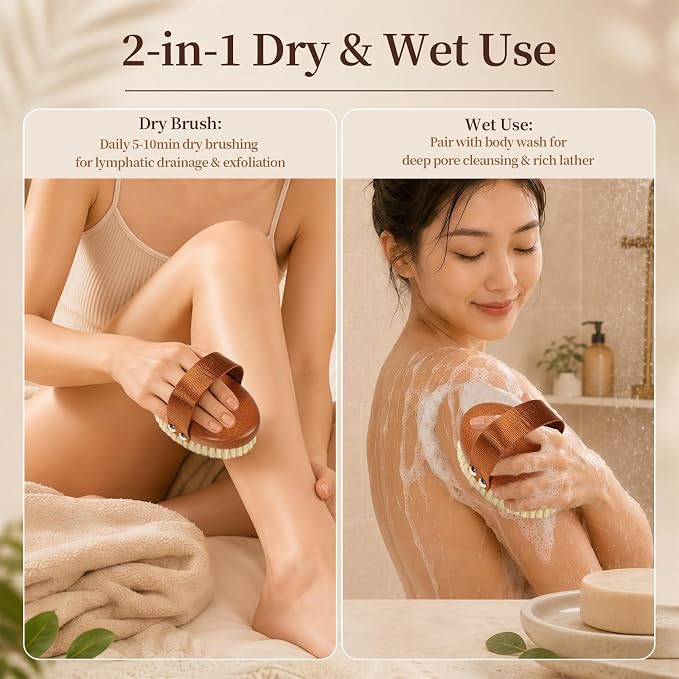 Dry Brushing Body Brush for Lymphatic Drainage with Boar Bristles | Pure Boar Bristle, Ebony Wood, Exfoliating Brush for Removing Dry Skin and Reducing cellulite, no microplastic release