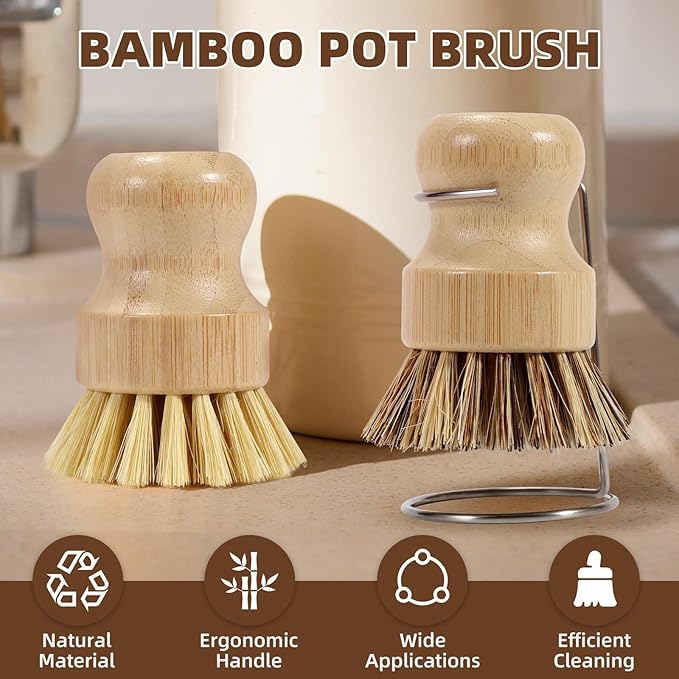 SAMEBUTECO 6-Piece Bamboo Dish Brush Set with 2X Fast-Dry Stainless Steel Holder,3xNatural Sisal Bristle Brush & 1xPalm Bristle Kitchen Cleaning Brushes for Dishes, Pots, Pans & Sink
